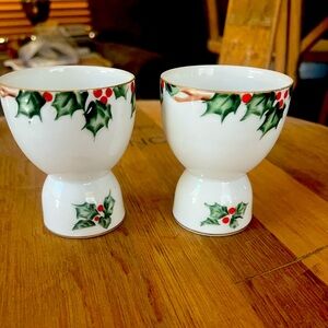 Lefton Holly Egg Cups. a set of two. Vintage with gold trim.